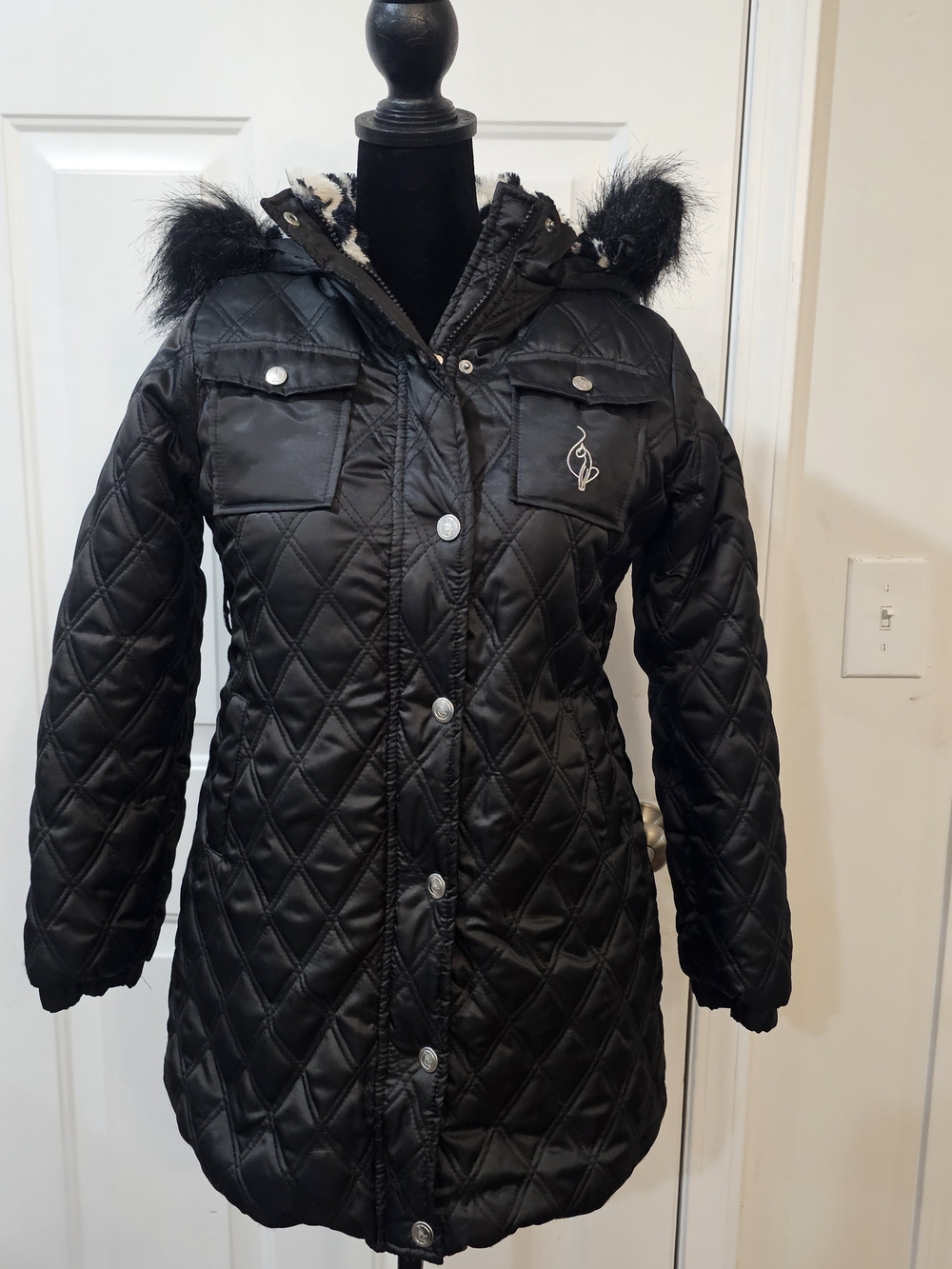 Baby Phat Black Quilted Hooded Puffer Coat with Zebra Faux Fur Inside Size L